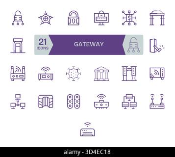 Confezione curata di 25 icone vettoriali nel design della linea normale, incentrata sui concetti del gateway. Illustrazione Vettoriale