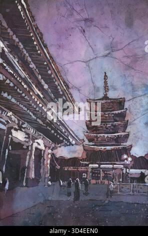 Tempio senso-Ji acquerello batik paesaggio pittura Tokyo Giappone architettura oggetti fatti a mano essenziale per il viaggio arte per casa Foto Stock