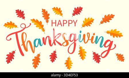 Scritta per il giorno del Ringraziamento con foglie autunnali e di quercia Illustrazione Vettoriale