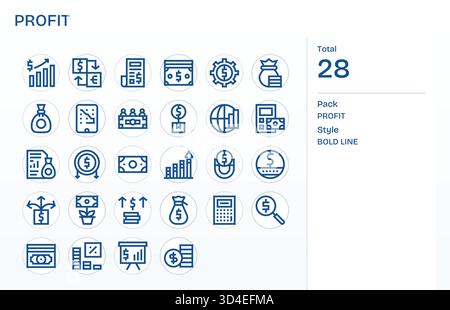 Crea flussi intuitivi con 28 icone Bold Line che illustrano i profitti, ottimizzati per la consegna. Illustrazione Vettoriale