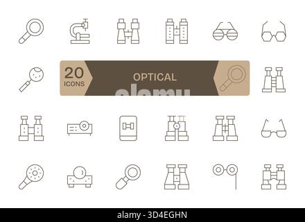Un set versatile di 24 icone vettoriali Thin Line focalizzate sull'ottica, ideale per applicazioni mobili e Web. Illustrazione Vettoriale
