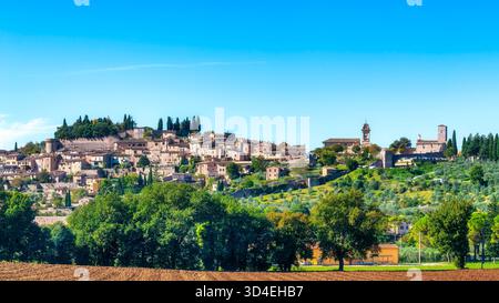 Vista panoramica della cittadina medievale collinare di Spello, Umbria, Italia. Edifici storici in pietra sotto le antiche mura romane, circondati da lussureggianti ulivi Foto Stock
