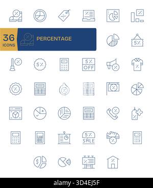 Un set versatile di 40 icone vettoriali Thin Line focalizzate sulla percentuale, ideale per applicazioni mobili e Web. Illustrazione Vettoriale