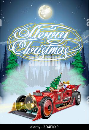 Vector Christmas card con Babbo Natale guida un'auto sportiva d'epoca con regali attraverso la foresta invernale di notte. Forma vettoriale EPS-10 disponibile Illustrazione Vettoriale