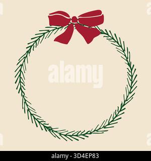 Telaio rotondo di rami di abete con arco rosso Illustrazione Vettoriale