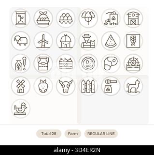 Questo pacchetto di icone Farm include 25 vettori di linea regolari, perfetti per migliorare le interfacce digitali. Illustrazione Vettoriale