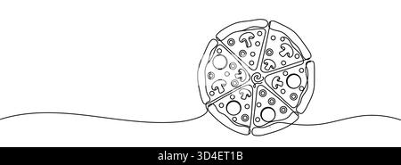 Disegno o illustrazione di una fetta di pizza con peperoni e funghi, disegno continuo di una sola linea di deliziosa pizza al formaggio a fette Illustrazione Vettoriale