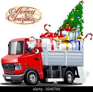 Biglietto di auguri vettoriali con il camion di Natale. Formato eps-10 disponibile separato da gruppi e livelli per una facile modifica. Illustrazione Vettoriale
