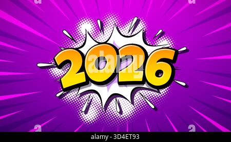 Design del biglietto di auguri di buon anno 2026 con Cool Comic Style Number su sfondo retro Cartoon. Illustrazione vettoriale delle festività natalizie con Illustrazione Vettoriale