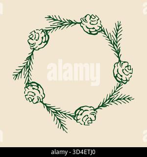 Telaio rotondo di rami di abete con coni Illustrazione Vettoriale