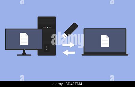 Trasferimento di file su unità flash tra PC desktop e laptop. Concetto di scambio di dati Illustrazione Vettoriale