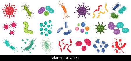 Batteri, microbi, virus contorno vettoriale set di icone. Prelievo microscopico di batteri e bacillo, isolato su sfondo bianco. Illustrazione Vettoriale