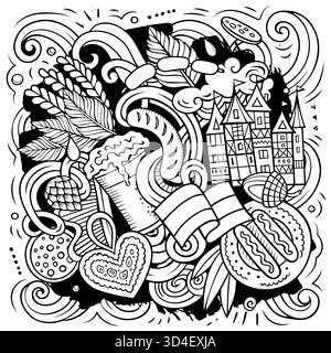 Germania disegnata a mano fumetto doodles illustrazione. Design divertente da viaggio. Sfondo vettoriale creativo. Simboli, elementi e oggetti tedeschi. Co. Di schizzo Illustrazione Vettoriale
