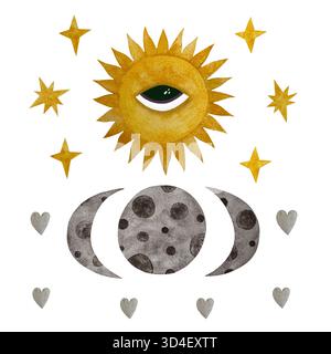 Set celeste acquerello. Sole con occhio, fasi lunari, stelle gialle isolate sul bianco. Foto Stock