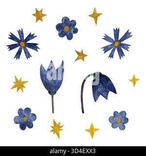 Fiori selvatici e stelle blu acquerello. Fiori selvatici blu e stelle gialle sono isolate sul bianco. Foto Stock