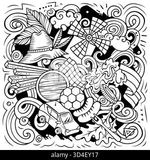 Germania disegnata a mano fumetto doodles illustrazione. Design divertente da viaggio. Sfondo vettoriale creativo. Simboli, elementi e oggetti tedeschi. Co. Di schizzo Illustrazione Vettoriale