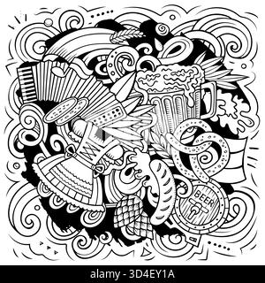 Germania disegnata a mano fumetto doodles illustrazione. Design divertente da viaggio. Sfondo vettoriale creativo. Simboli, elementi e oggetti tedeschi. Co. Di schizzo Illustrazione Vettoriale
