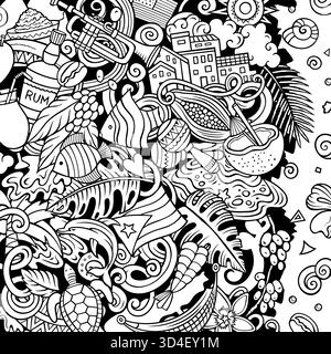 Illustrazione della cornice vettoriale del doodle dei cartoni animati di Porto Rico. Divertente design stravagante del confine portoricano. Elementi tropicali caraibici Illustrazione Vettoriale