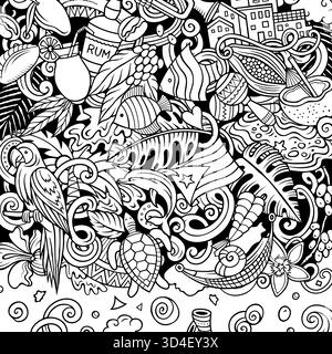 Illustrazione della cornice vettoriale del doodle dei cartoni animati di Porto Rico. Divertente design stravagante del confine portoricano. Elementi tropicali caraibici Illustrazione Vettoriale