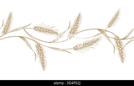 Bordo del grano senza cuciture. Illustrazione realizzata a mano in stile inchiostro vettoriale. Per il design dell'imballaggio, le schede, la copertina, le stampe, le etichette dei prodotti e il tessuto. Illustrazione Vettoriale