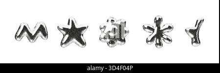 Forme cromate 3D astratte con grana e sfumatura metallica. Simboli vettoriali d'argento come forme d'onda, stelle e fiori. Design Y2K lucido con Illustrazione Vettoriale