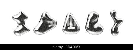 Forme cromate 3D astratte con texture metallica liscia ed effetto grana. Elementi vettoriali in argento fluido con riflessi morbidi e geometria organica Illustrazione Vettoriale