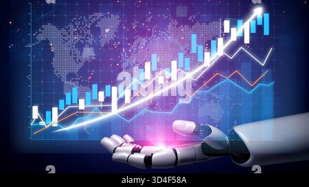 Una mano robotica futuristica mostra le tendenze dei dati brillanti su una mappa mondiale, rappresentando la crescita dei grafici azionari e delle analisi per la tecnologia e il business Foto Stock