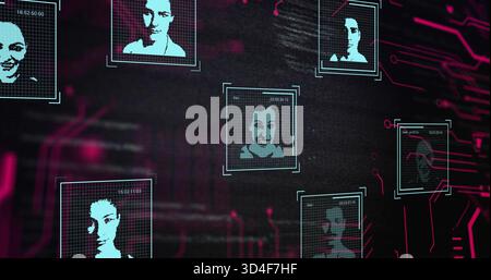 Visualizzazione della sezione centrale della griglia ciano nell'interfaccia utente biometrica con parentesi, timestamp linee di scansione Foto Stock