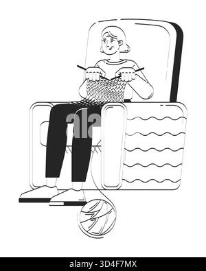Donna anziana che si rilassa e lavora a maglia in una poltrona dal carattere lineare Illustrazione Vettoriale