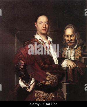 GHISLANDI, Giuseppe (B. 1655, Bergamo, d. 1743, Bergamo) Ritratto di Giovanni secco Suardo e il suo Servo 1720 olio su tela Accademia Carrara, Bergamo ricchezza di colore e immancabile padronanza delle pennellate, unita all'intensità psicologica nella cattura del carattere, sono i tratti distintivi dei ritratti di Ghislandi. In questo caso il dipinto porta anche sfumature morali. Anche quando ci si rilassa, che si può dedurre dal modo in cui i suoi vestiti vengono allentati e dal fatto che non indossa una parrucca, il nobile mantiene il suo formale, pomposamente impressionante portamento. Il vecchio dall'aspetto saggiato potrebbe essere solo Foto Stock