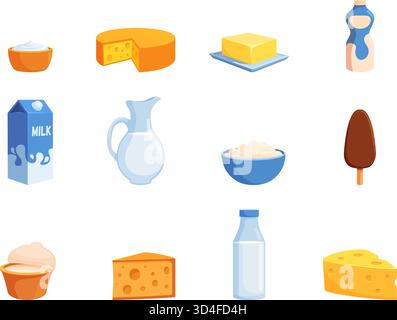 Prodotti a base di latte a cartoni animati. Yogurt, diversi formaggi e panna acida. Prodotti caseari isolati, ingredienti per cucinare e mangiare, origine vettoriale sapid Illustrazione Vettoriale