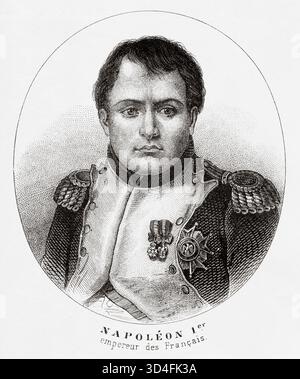 Ritratto di Napoleone I. Napoleone Bonaparte (1769-1821) fu un generale e statista francese, guidò la Repubblica francese come primo Console dal 1799 al 1804, l'Impero francese come Imperatore dei francesi dal 1804 al 1814, fu Re d'Italia dal 1805 al 1814 e Protettore della Confederazione del Reno dal 1806 al 1813. Antica illustrazione di Emile Simon (1805-1886) dall'Atlante storico e pittoresco, storia universale 1861 Foto Stock