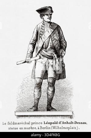 La statua di Leopoldo i, principe di Anhalt-Dessau, è una scultura in bronzo installata a Wilhelmplatz a Berlino, Germania. Antica illustrazione di Emile Simon (1805-1886) dall'Atlante storico e pittoresco, storia universale 1861 Foto Stock