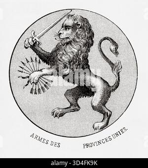 Lo stemma del Regno dei Paesi Bassi. Lo stemma è composto dallo stemma dell'ex Repubblica olandese e dallo stemma del Casato di Nassau. Antica illustrazione di Emile Simon (1805-1886) dall'Atlante storico e pittoresco, storia universale 1861 Foto Stock