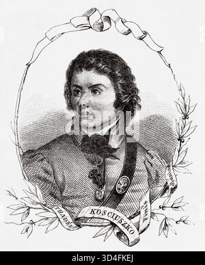 Il ritratto di Andrzej Tadeusz Bonawentura Kościuszko (1746-1817) è stato un ingegnere militare polacco, statista e capo militare che divenne poi un eroe nazionale in Polonia, Stati Uniti, Lituania e Bielorussia. Combatté nelle lotte della Confederazione polacco-lituana contro la Russia e la Prussia, e dalla parte degli Stati Uniti nella guerra di indipendenza americana. Come comandante supremo delle forze armate nazionali polacche, guidò la rivolta di Kościuszko del 1794. Antica illustrazione di Emile Simon (1805-1886) dall'Atlante storico e pittoresco, storia universale 1861 Foto Stock