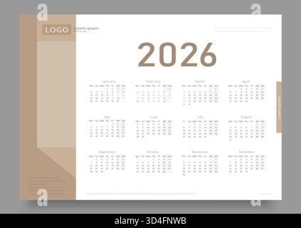 Il calendario minimalista per il 2026 è di colore bianco e beige. Illustrazione Vettoriale