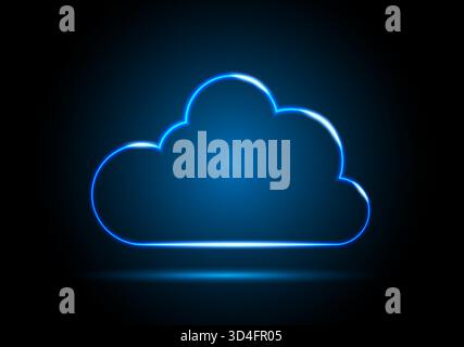 Nuvola neon. Icona del cloud digitale neon su sfondo nero e blu. Illustrazione Vettoriale