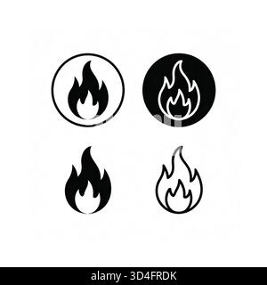 Quattro icone di fiamma stilizzate, due in cerchio e due come simboli autonomi, presentate sia in bianco che nero. Illustrazione Vettoriale