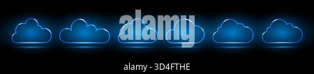 Una serie di nuvole al neon. Icone del cloud digitale neon su sfondo nero e blu. Illustrazione Vettoriale
