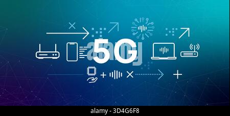 Icone banner del concetto di tecnologia di rete wireless 5G dispositivi connessi router smartphone laptop trasmissione dati ad alta velocità futuro del mobile globale Illustrazione Vettoriale