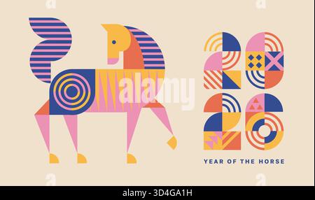 Biglietto d'auguri per il capodanno 2026 con cavallo geometrico. Cavallo isolato e numeri da semplici forme geometriche e figure. Modello per invito, poster, volantino, Web. Illustrazione vettoriale . Illustrazione Vettoriale
