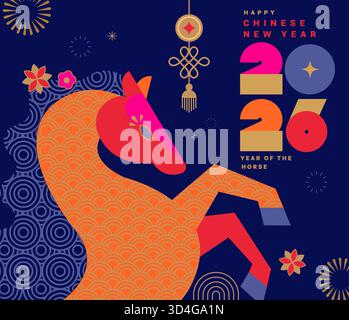 Capodanno cinese 2026, biglietto d'auguri con cavallo brillante dal motivo cinese. Numeri, fuochi d'artificio, fiori sullo sfondo notturno. Progettazione di modelli per Web, inviti, poster, banner, vendite. Vettore Illustrazione Vettoriale