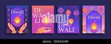 Eleganti volantini Diwali con simboli di vacanza, mandala, mani con candela e fuoco, lanterne, fuochi d'artificio, fiori. Festival indiano delle luci. Progettazione di modelli per Web, social media, poster, scheda, banner.Vector Illustrazione Vettoriale