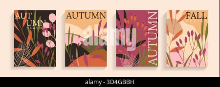 Set di schede, copertine e striscioni verticali a tema autunnale. Modello in stile giapponese per design, stampa. Sfondo astratto perfetto per volantini, social media, annunci, promozioni. Illustrazione vettoriale Illustrazione Vettoriale