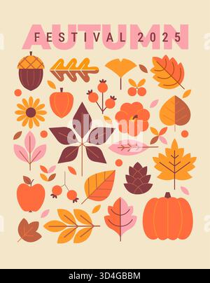 Set di foglie autunnali: Quercia, acero, castagno. Simboli isolati dell'autunno: Bacche di rowan, zucca, mela, ghianda, girasole per la festa del raccolto o il giorno del Ringraziamento. Collezione autunnale per il tuo design.Vector Illustrazione Vettoriale