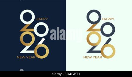 Festeggiamo il nuovo anno 2026. Imposta eleganti biglietti d'auguri minimalisti per un evento felice con numeri dorati a gradiente isolato. Modello per poster, volantini, banner, Web, design della copertina del calendario. Vettore Illustrazione Vettoriale