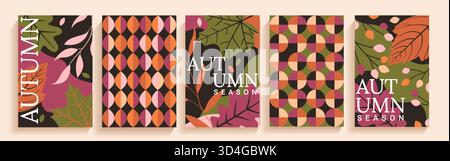 Set di moderne cartoline autunnali con foglie autunnali e forme geometriche.copertine a tema autunnale.modelli geometrici semplici.modello per design,stampa.banner verticali,volantini,social media,web,annunci,promo,copertine.vettore Illustrazione Vettoriale