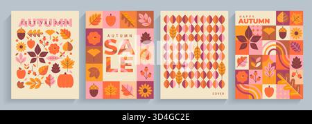 Imposta biglietti d'autunno luminosi per salutare l'autunno, le vendite o il festival autunnale. Banner verticali con foglie autunnali, motivi geometrici.copertine a tema autunnale.modello per design,stampa,volantini,social media,web,annunci.Vector Illustrazione Vettoriale