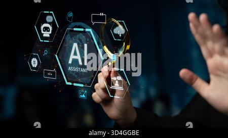 Un concetto di assistente virtuale globale ai. Questo agente intelligente fornisce supporto agli utenti tramite chatbot, esegue ricerche, gestisce i dati cloud e. Foto Stock