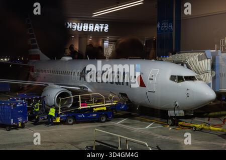 SAVANNAH, GEORGIA, USA, 9 NOVEMBRE 2025: Una vista ravvicinata di un Boeing 737 dell'American Airlines è parcheggiata in un cancello sulla rampa di notte, con i bagagli Foto Stock